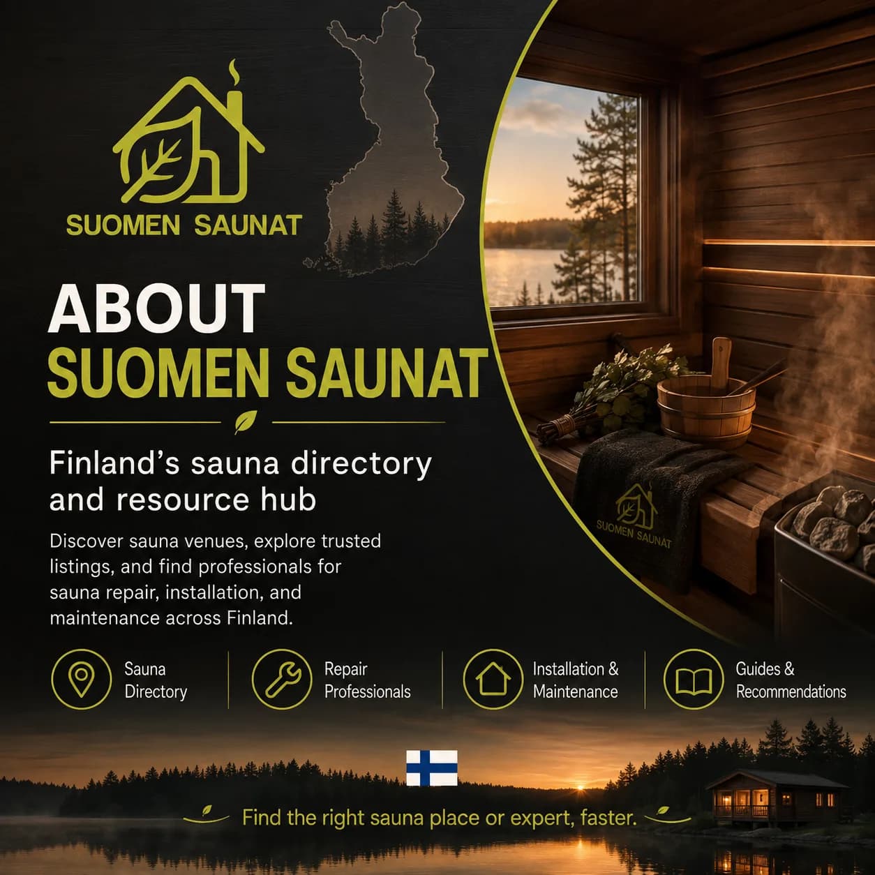 Tietoa Suomen Saunoista, Suomen saunahakemisto ja tietopalvelu: loyda saunakohteita, selaa tarkistettuja tietoja ja etsi ammattilaisia saunan korjaukseen, asennukseen ja huoltoon eri puolilla Suomea. Kuvassa suomalainen puusauna, kiulu, vihta ja ikkuna jarvelle auringonlaskun aikaan. Banneri on englanninkielinen.