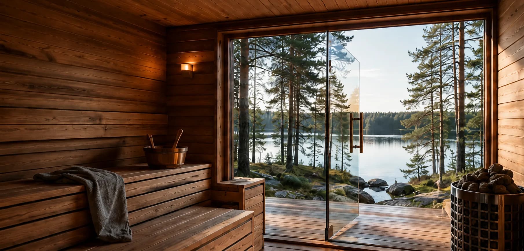Contemporary Finnish wood sauna opening through a glass door toward a pine forest and calm lake